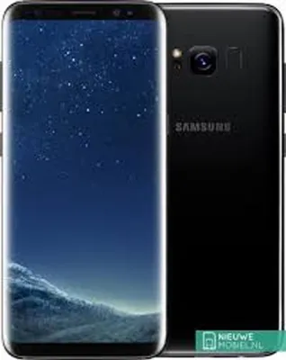 A black Samsung Galaxy S8 smartphone is shown from the front and back, displaying its screen and rear camera.