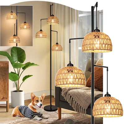 Zdjęcie produktu dla 1.8M Lampa Podłogowa Czarna Lampa Podłogowa LED Salon Sypialnia Biuro Boho Rattan Tkana Lampa Podłogowa Duża Przemysłowa Lampa Stojąca z Abażurem