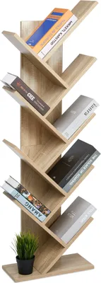 A light brown, tree-shaped bookshelf with several books on its shelves.
