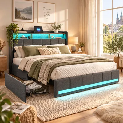 Productafbeelding van Boxspringbed 180x200 cm met LED-verlichting in het hoofdeinde en USB-aansluiting, tweepersoonsbed met 4 lades, bedframe met lattenbodem, linnen, grijs (zonder matras)