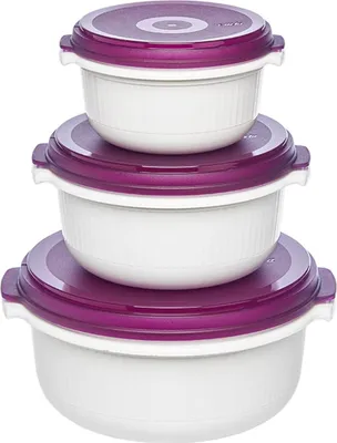 Produktbild von EMSA Mikrowellentopfset Micro Family 0,5/1/1,5 l weiß/brombeer 3teilig