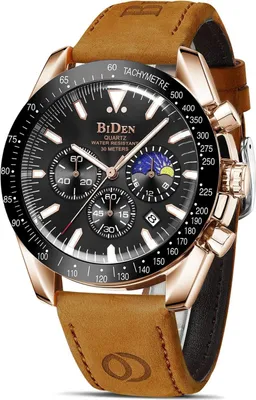 Produktbild von Elegante Herrenuhr mit Edelstahlarmband, Chronograph Quarzwerk, 30m wasserdicht, leuchtendem Zifferblatt, Kalender und Mondphasenanzeige.