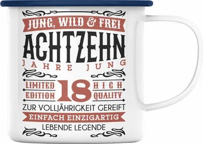 Produktbild von Trendation - 18. Geburtstag Emaille Tasse Geschenk 18er Geschenkidee Mädchen Jungen Lustiger Spruch Legende (Blau)
