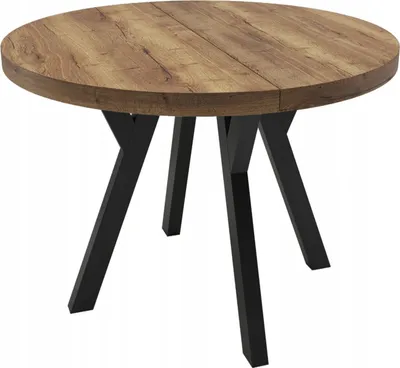 A round wooden table with black legs on a white background.