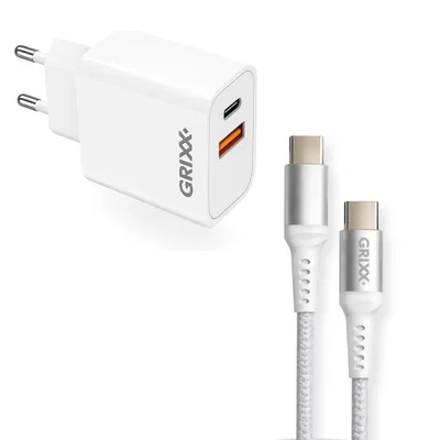 Produktbild von Grixx Ladegerät 20 W USB-C mit Ladekabel USB-C auf USB-C 2 m Weiß