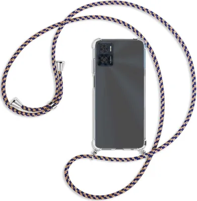Produktbild von Handykette Backcover-Schutzhülle mit Band (Metall silberfarben) für Motorola Moto E22, Moto E22i 4G - blau+beige
