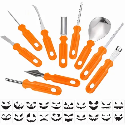 Produktbild von Halloween Kürbisschnitzset 30-teilig, Edelstahl Kürbis Schnitzwerkzeug mit Tasche, LED-Lichtern & Schablonen für Kinder und Erwachsene