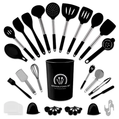 Produktbild von Küchenhelfer Set 45 tlg aus Silikon, Kochutensilien Set mit Utensilienhalter, Spülmaschinenfest, Antihaft Hitzebeständiger Küchenset, Schwarz