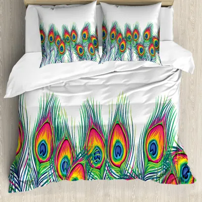 Produktbild von ABAKUHAUS Pfau Bettbezug Set für Einzelbetten, Bohemian Federn Kunstwerk, Milbensicher Allergiker geeignet mit Kissenbezug, 155 cm x 220 cm - 80 x 80 cm, Mehrfarbig