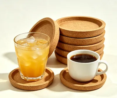 Obrázok produktu pre Sada 10 podšálok z korku, okrúhle podšálky s vyvýšeným okrajom, podložky pod poháre, ochrana stola, podložky pod nápoje, podložky pod kávu a čaj