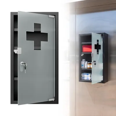 Zdjęcie produktu dla Szafka medyczna LZQ ze stali nierdzewnej 57,5 x 30 x 12 cm, zamykana szafka na lekarstwa z szklanymi drzwiami, apteczka domowa, szafka apteczna, szafka pierwszej pomocy, czarna