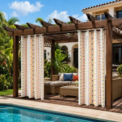 Immagine prodotto di Set di 2 tende da esterno, 132x213 cm, impermeabili, in stile bohémien vintage, con occhielli, resistenti agli agenti atmosferici, ideali per gazebo, terrazze, balconi, come protezione dal vento, colore arancione