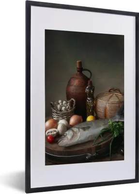 Produktbild von MuchoWow® Gerahmtes Poster Rustikal - Fisch - Stilleben - Gemüse - Kräuter 40x60 cm - Poster mit Schwarzem Bilderrahmen Wandposter Rahmen Foto Bilder - Poster in Rahmen