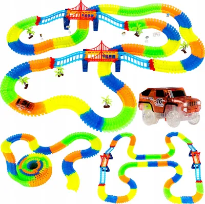 A collage of different configurations of a glow-in-the-dark flexible race track toy set, including a toy car, bridges, and palm tree accessories.