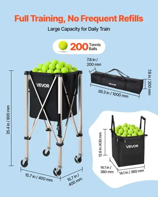 Obrázok produktu pre Kôš na tenisové loptičky, pojme 200 tenisových loptičiek, skladateľný vozík na loptičky pre pickleball s kolesami pre jednoduché zhromažďovanie, prenosný vozík na loptičky pre pickleball z nehrdzavejúcej ocele s úložnou taškou, vhodný na tréning a výuku