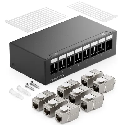 Produktbild von deleyCON 8 Port Patchpanel Set Patchfeld Verteilerfeld 1HE + 8x RJ45 Keystone Jack Modul STP CAT6a Kompatibel mit Verlegekabel CAT5 CAT6 CAT6a CAT7 Netzwerkkabel Ethernet LAN DSL - Schwarz