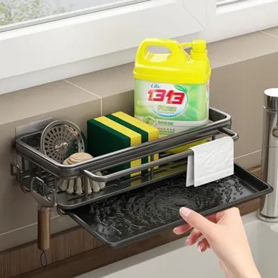 Productafbeelding van PromoHome® Keukenwastafelorganizer met afdruipbak en handdoekhouder – zwart, wandmontage, 30x16x5 cm