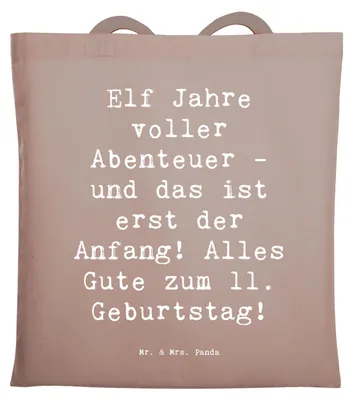Produktbild von Mr. & Mrs. Panda Tote Bag Spruch 11. Geburtstag Abenteuer - Braun Pastell - Geschenk, Geburtstagsgeschenk, Schultasche, Freude, Einkaufstasche, liebevolles Detail, Alter