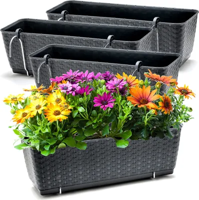 Produktbild von BigDean 4er Set Blumenkästen für Balkon-Geländer - Rattan-Optik - Anthrazit - Balkonkästen mit Metall-Halterungen - 49 x 17 x 17 cm