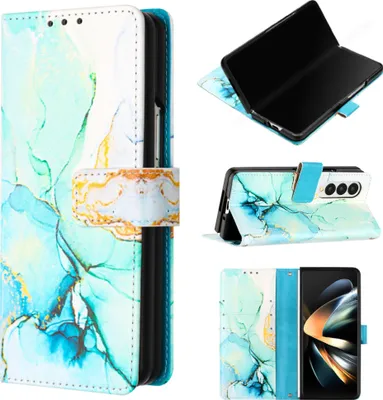 Produktbild von Galaxy Z Fold4 Hülle, Marmor Motiv Kunstleder Tasche Wallet Kartenfächer mit Standfunktion Klapp Schutzhülle für Samsung Galaxy Z Fold4 Grün