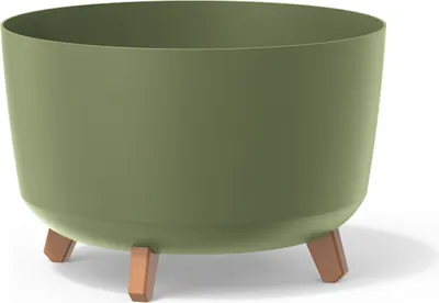 A green planter with three wooden legs on a white background.