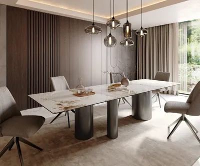 Produktbild von DELIFE Esstisch Edge 300x100 Keramik Minas Melange Weiß-Beige Troa Edelstahl Graphit