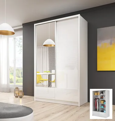 Image de Armoire à portes coulissantes pour chambre à coucher avec tiroirs et miroir, blanc / blanc brillant - Largeur : 130-134 cm