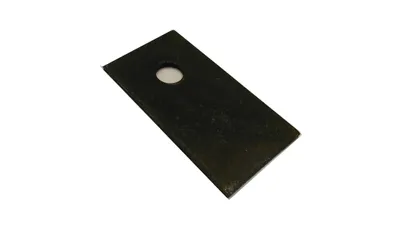 A single black rectangular metal blade with a circular hole in the center, placed on a white background.