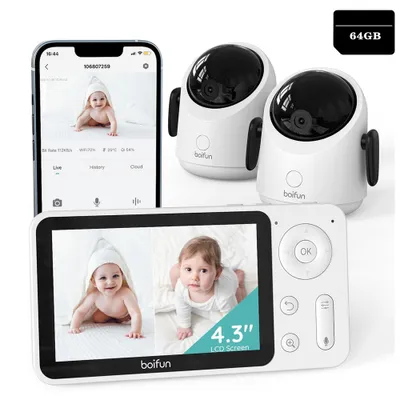 Produktbild von Boifun Babyphone mit 2 Kameras und App, Split-Screen-Ansicht, 4,3" WLAN Babyfon, 64GB