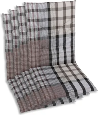A stack of chair cushions with a plaid pattern.