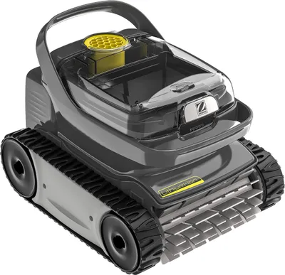A robotic pool cleaner is shown against a white background.