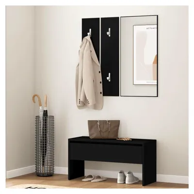 Produktbild von Schwarzes Holzwerkstoff Flur Garderobe Set mit Spiegel und Haken - 80x30,5x40 cm - Möbel für Wohnzimmer und Schlafzimmer