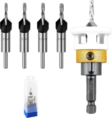 Produktbild von 4tlg Kegelsenker-Bohrer-Set, Bohrsenker mit Tiefenanschlag, Senker Holzbohrer Hex Schaft, präzise Bohrungen, für Holzverarbeitung