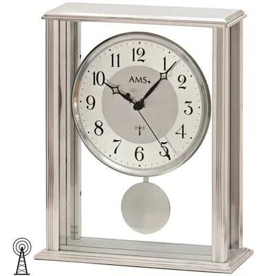 Produktbild von AMS 5190 Tischuhr Funk Funktischuhr mit Pendel silbern modern mit Glas Pendeluhr