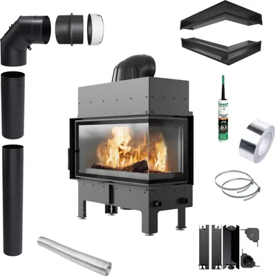 Produktbild von Eck Kamineinsatz KRATKI FLOKI rechts 12kW Ø200 schwarz Montageset