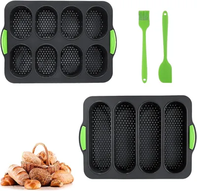 Produktbild von Formen für Brötchen und Baguettes – Set aus 2 – Silikonform für Baguettes – 8 Aussparungen – Backformen für Baguettes und Brötchen