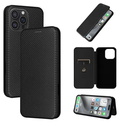 Immagine prodotto di Per Apple iPhone 16 Pro Fibra di carbonio ibrida Flip Design Custodia protettiva nera