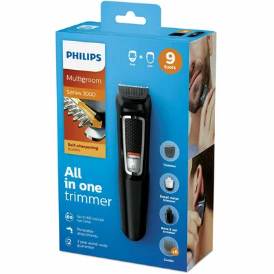 Obrázok produktu pre Philips MULTIGROOM Series 3000 MG3740/15, Čierna, Obdĺžnik, Brada, Ucho, Obočie, Fúzy, Nos, Nerezová oceľ, Batérie, 60 min