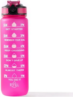 Produktbild von Motivation Trinkflasche - Wasserflasche mit Zeitmarkierung - mit Silikonstrohhalm - 1 Liter - Rosa - Zeitstempel - BPA-frei - Handlicher Trinkauslauf - Bidon - Wassertrinken - Erwachsene und Kinder - Geschenk - Valentinstag - Sportflasche - Fitness