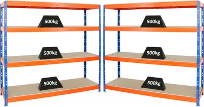 Produktbild von Mega Deal | 2x Profi Schwerlastregal Rhino | HxBxT 180x200x60cm | 4 Spanplatten-Ebenen 16mm | Fachlast 500kg | Blau-Orange