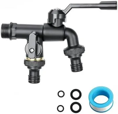 Produktbild von Wasserhahn Garten 1/2 Zoll, Garten Wasserhahn Doppel Schwarz aus Messing mit 2x 3/4" Auslaufhahn, Kalkresistent, Frostsicher & Langlebig für Bewässerung & Reinigung