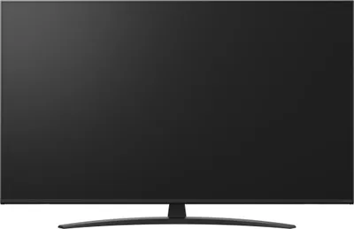 A front view of a black LG television on a black stand.