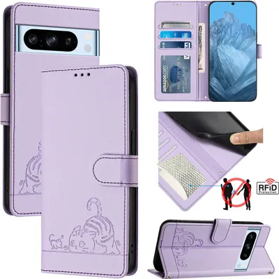 Obrázek produktu pro Kožené pouzdro pro Google Pixel 8 Pro, sladká kočka Flip pouzdro s funkcí stojánku a peněženkou Fialová