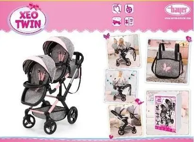 A collage of images showcasing a twin doll stroller and its accessories, with a pink and white background.