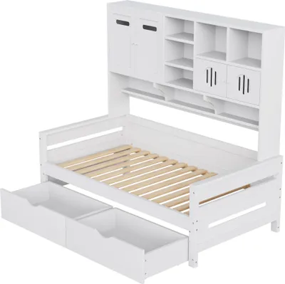 Obrázek produktu pro okwish Patrová postel 90x200 Rozkládací postel Jednolůžko bez matrace, s několika úložnými přihrádkami a 2 velkými zásuvkami, Dětská postel s roštem, Bílá