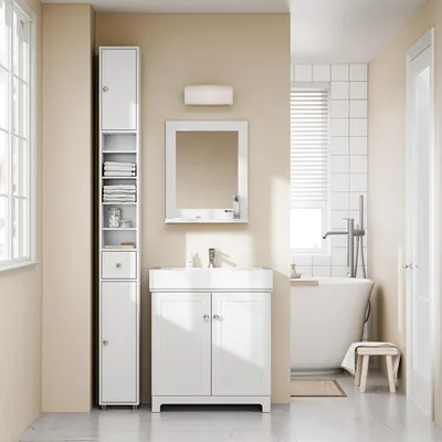 Obrázok produktu pre Skrinka do kúpeľne, vysoká skrinka – matná biela – 20x20x180 cm – MDF – Vhodná do menších kúpeľní