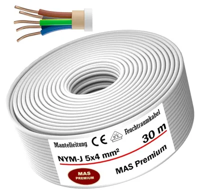 Obrázok produktu pre Kábel odolný proti vlhkosti Napájací kábel Kábel s plášťom 30 m NYM-J 5x4 mm² Elektrický kábel