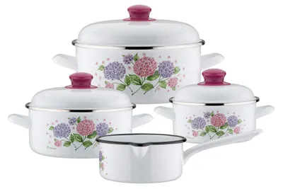 Productafbeelding van GSW Kookpan-set Hortensia, 7-delig, 189989, staal met emaille coating, ca. 1,4 liter / ca. 2,8 liter / ca. 4,7 liter / ca. 1,4 liter