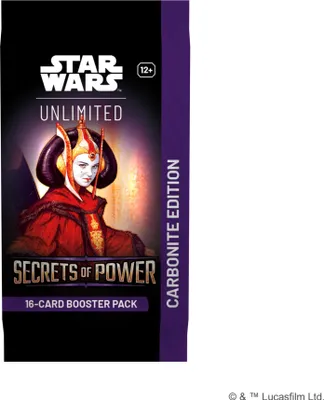 A booster pack for the Star Wars Unlimited trading card game, featuring artwork of a character from the Star Wars universe.