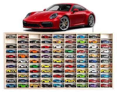 Modellauto-Regal für 80 Autos 1:64 – Wandregal & Setzkasten für Spielzeugautos, Sportwagen-Motiv, Birken-Sperrholz – mit Modellautos an der Wand